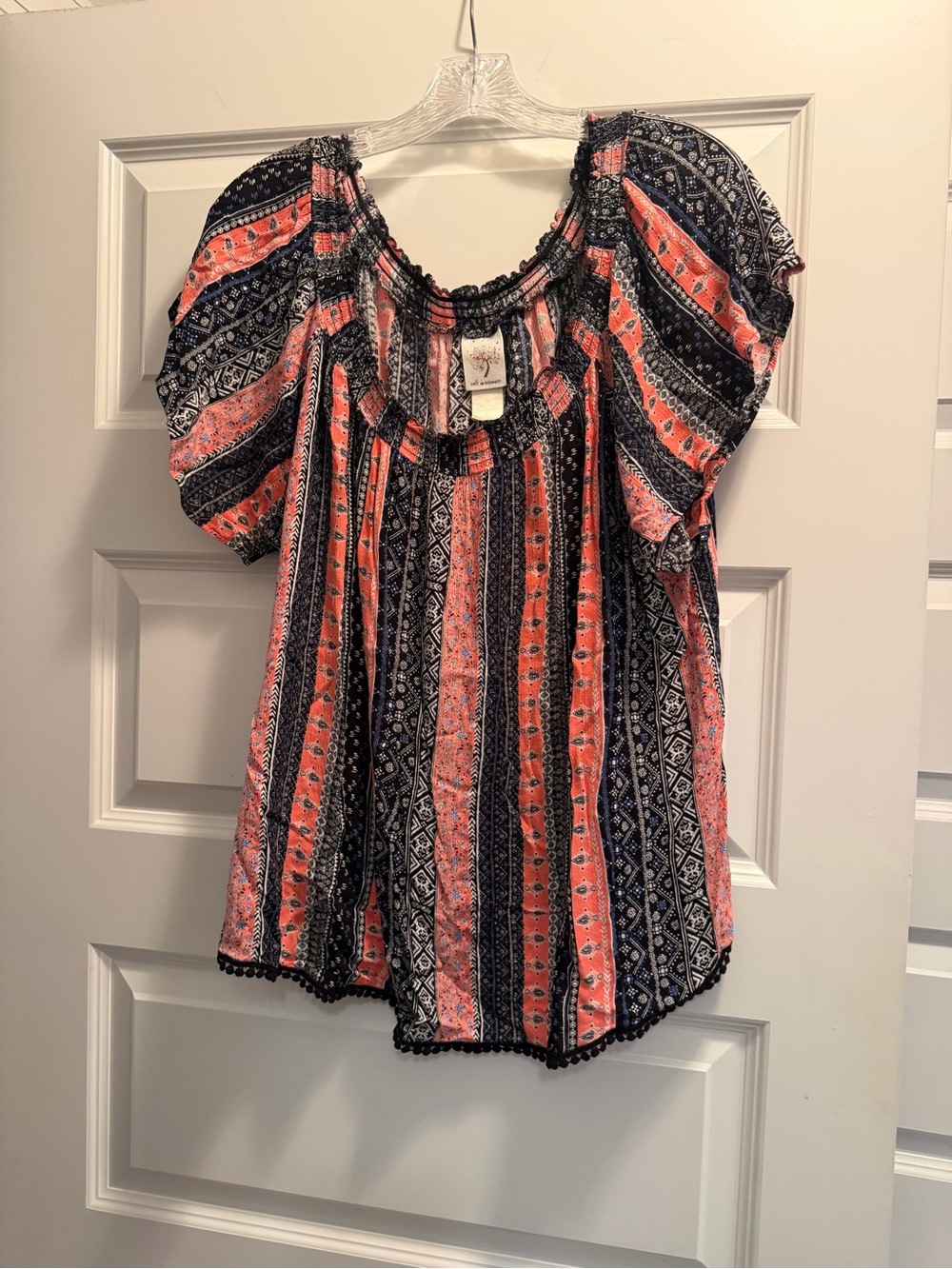 Self Esteem Coral and Navy Striped Boho Peasant Top